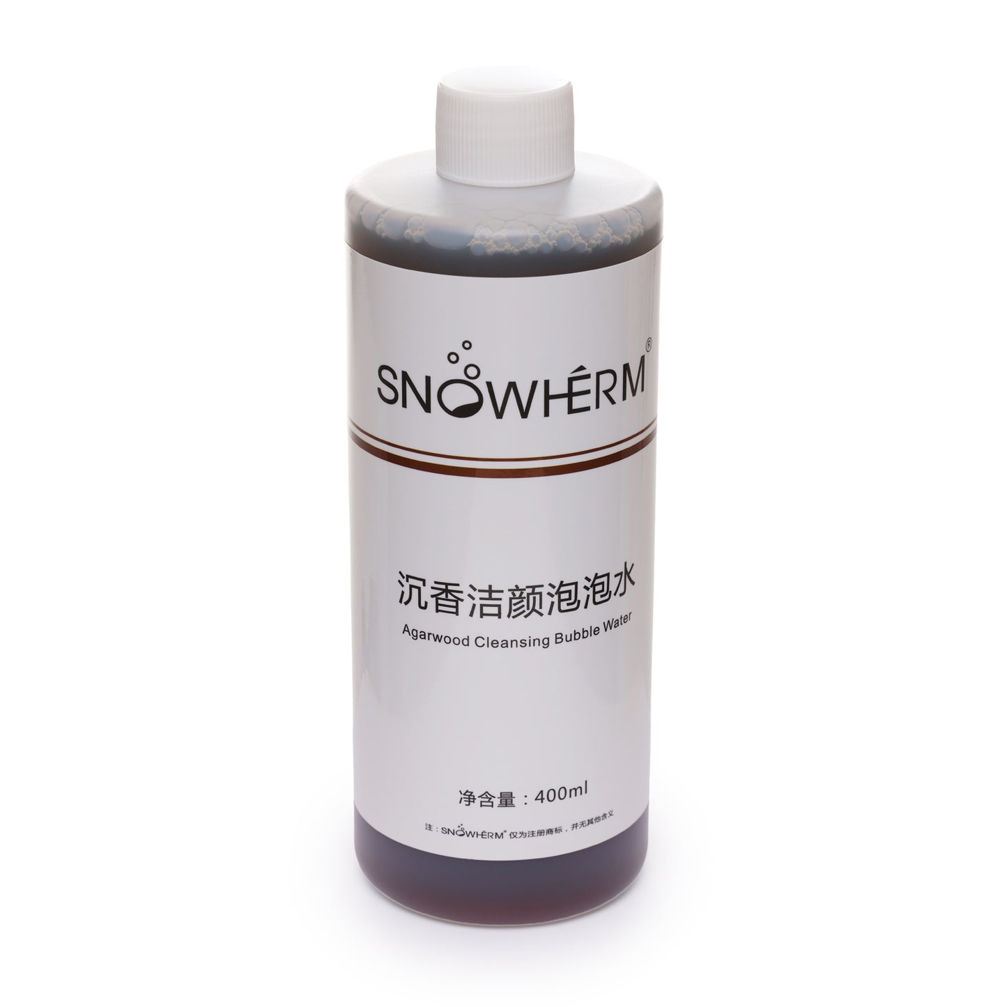 Bottle of SNOWERM cleansing bubble water on a white background