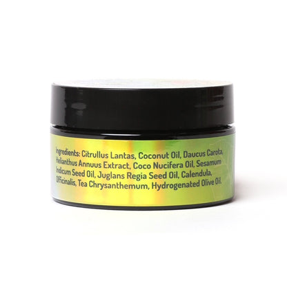 Intensifying gel ingredients label – listing natural oils and botanical extracts for skincare and tanning