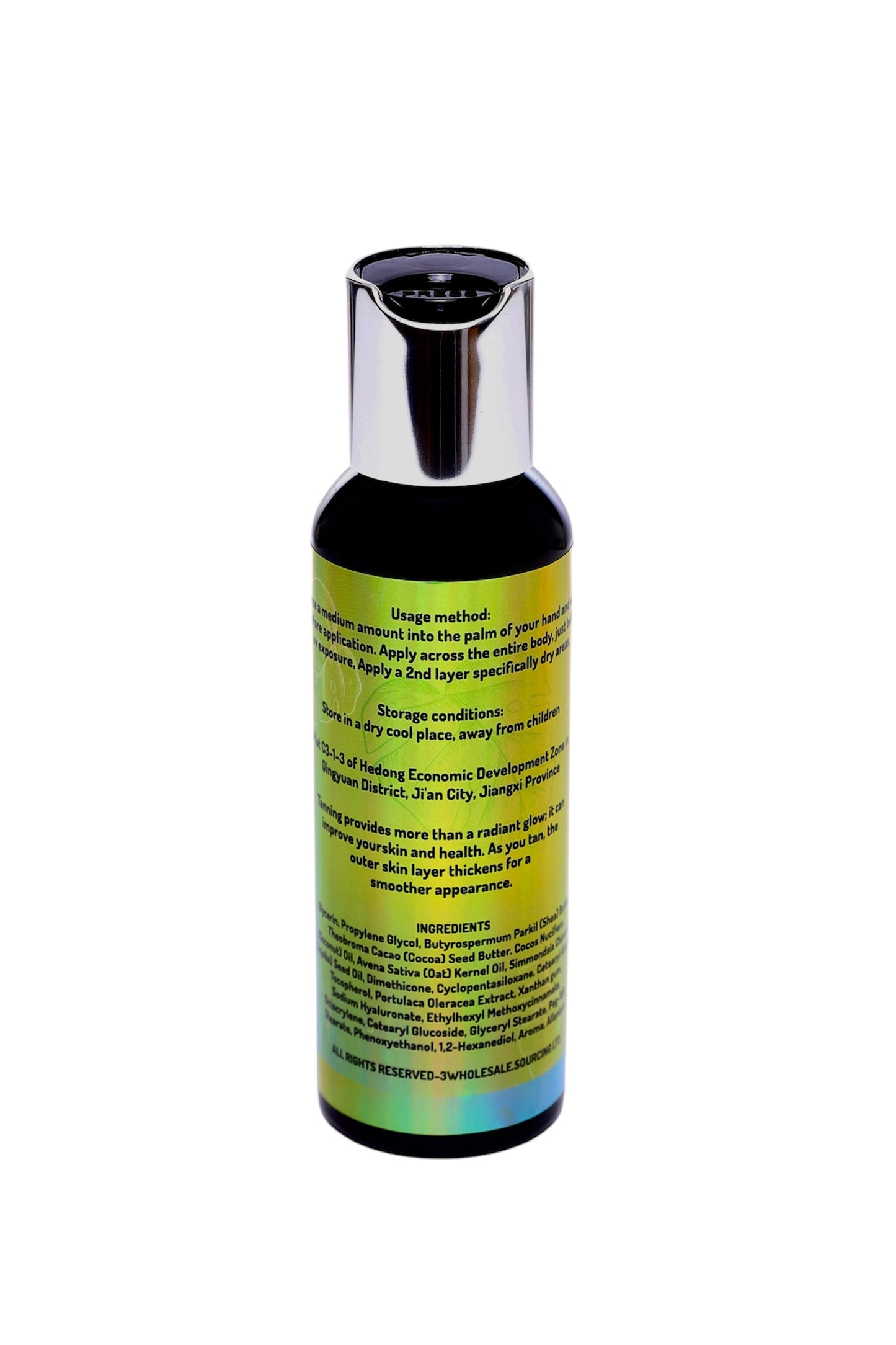 Back view of tanning lotion bottle showing usage instructions, storage information, and full list of ingredients.