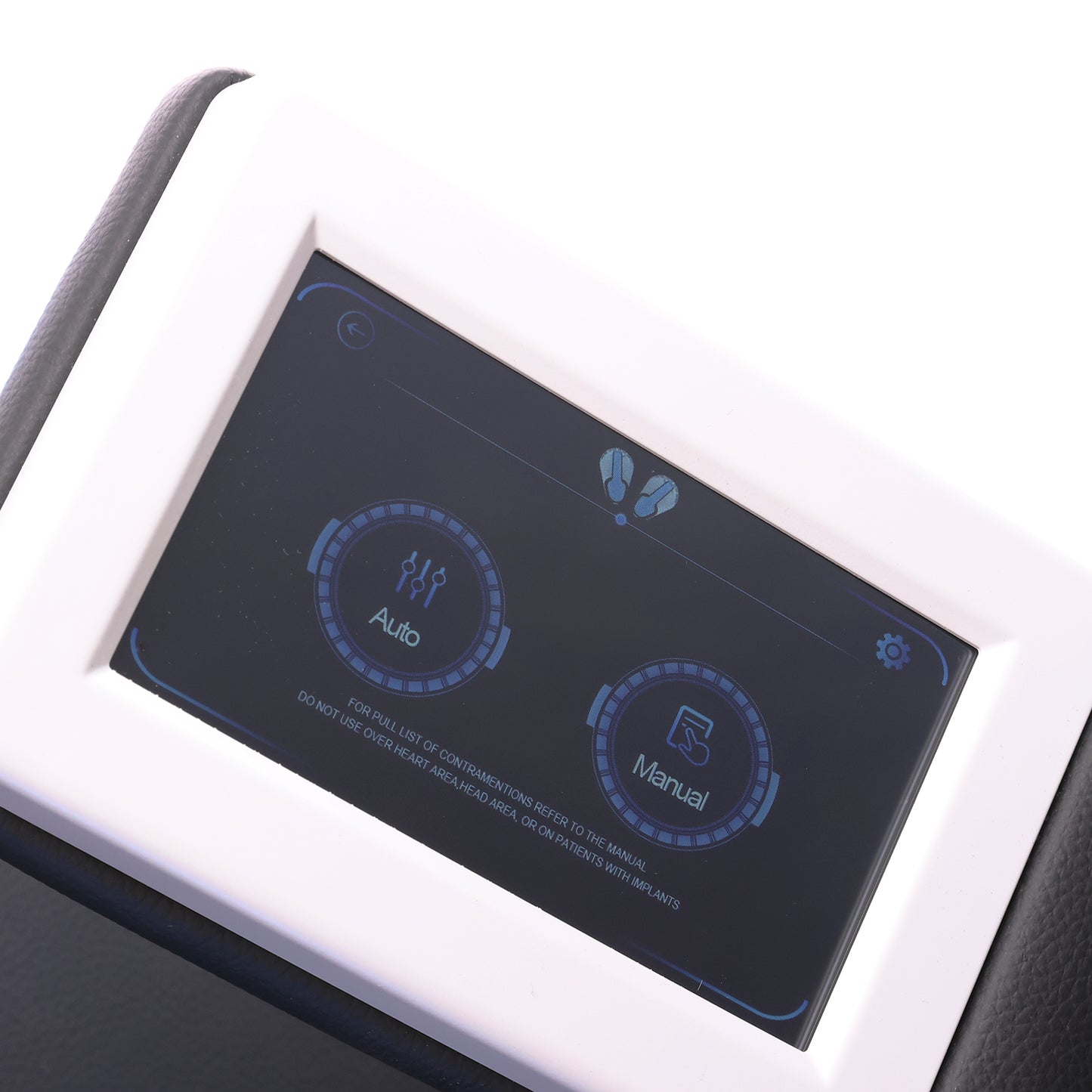 Close-up of pelvic floor treatment chair control screen with auto and manual settings