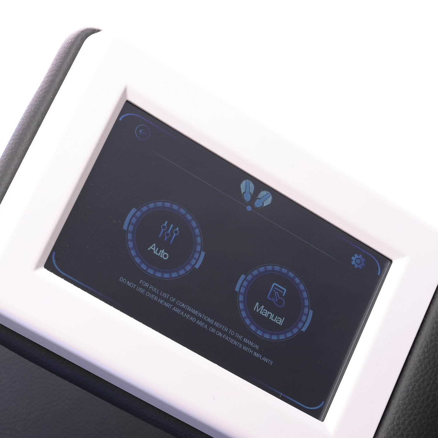 Close-up of pelvic floor treatment chair control screen with auto and manual settings