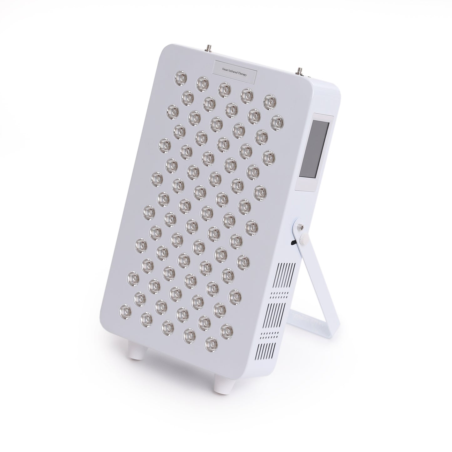 Freestanding compact LED therapy panel with adjustable tilt stand.