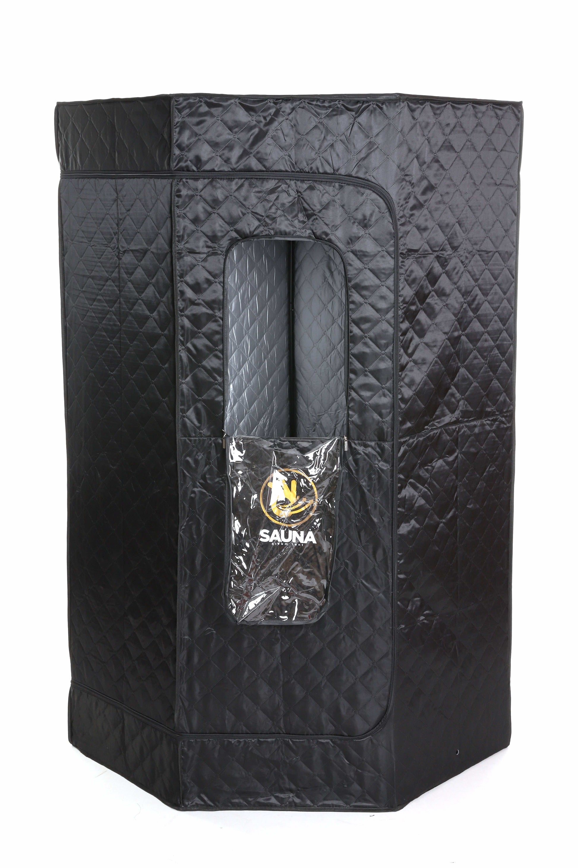 Front view of black steam sauna tent with open window revealing interior insulation.