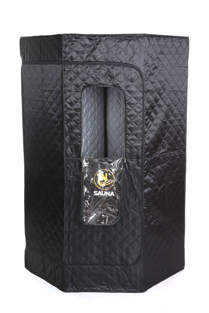 Front view of black steam sauna tent with open window revealing interior insulation.