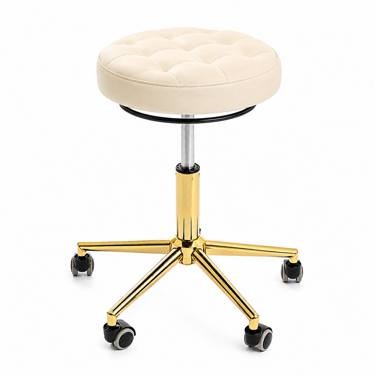A round tufted stool with a cream upholstered cushion.