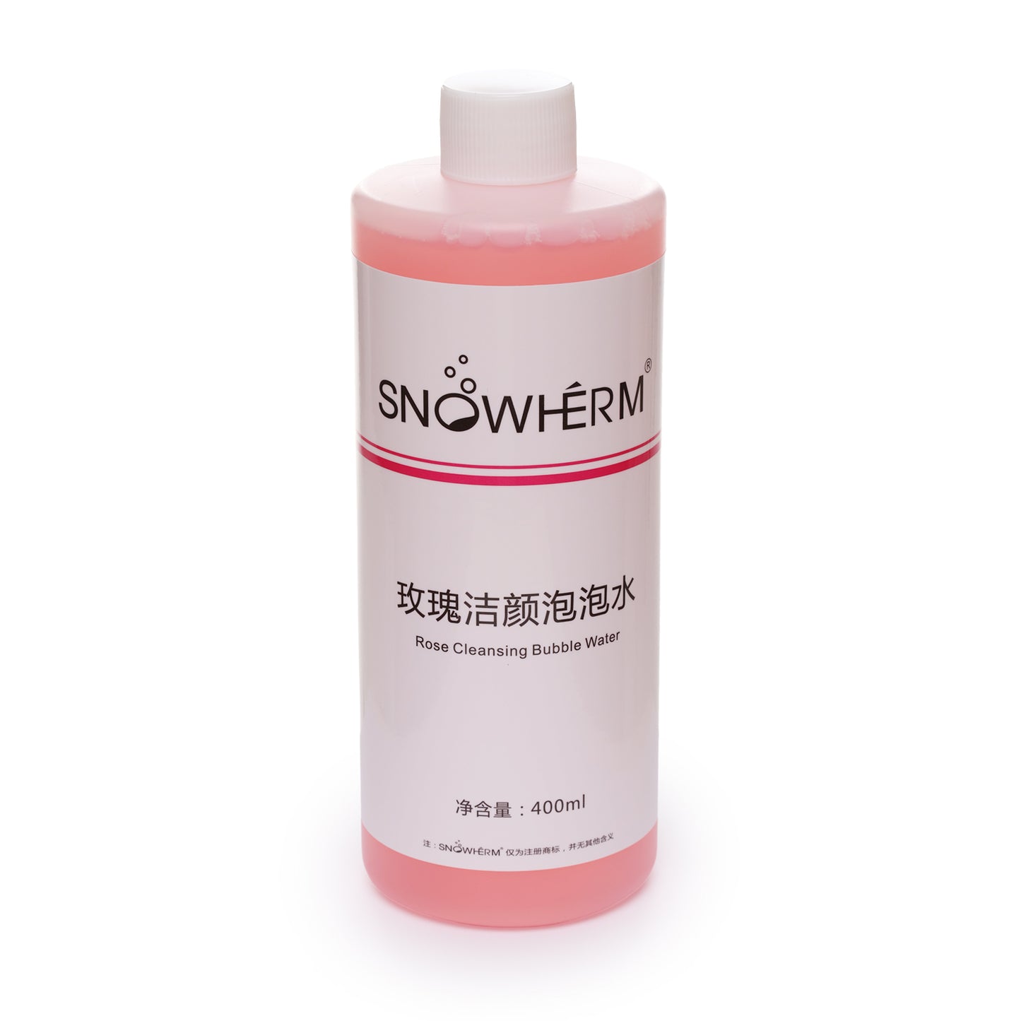 Snowherm bottle of rose cleansing bubble water on a white background