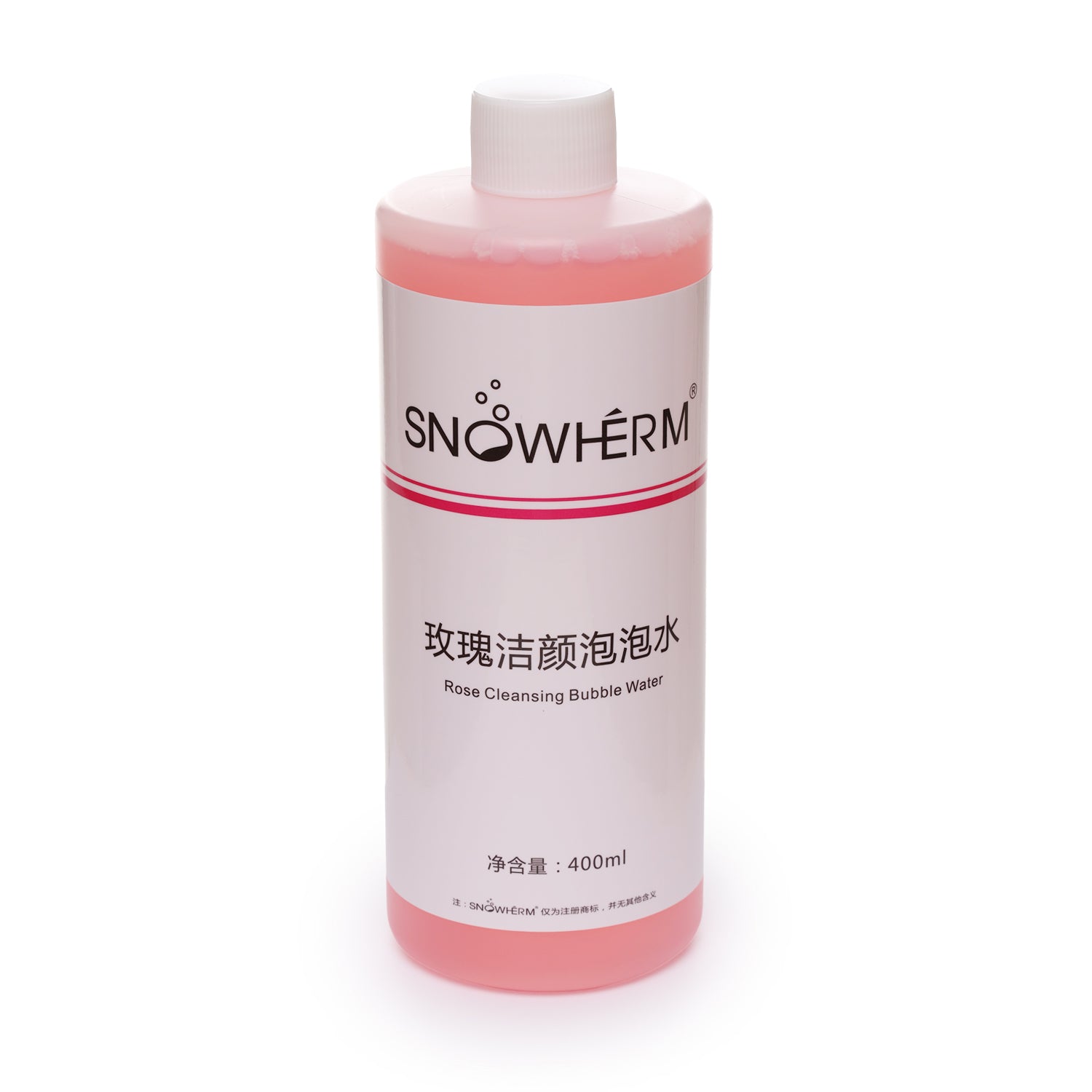Snowherm bottle of rose cleansing bubble water on a white background