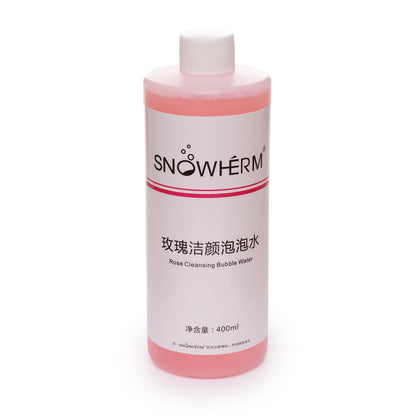 Snowherm bottle of rose cleansing bubble water on a white background