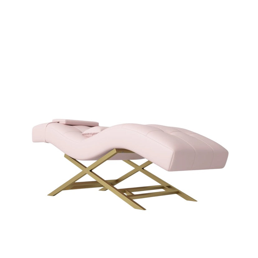 Pink salon bed with gold metal frame on a white background