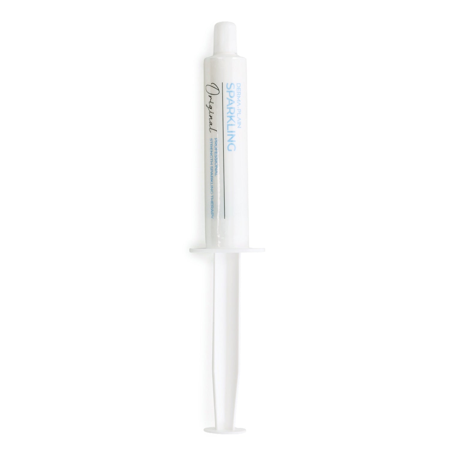 White dental syringe with blue text on a white background