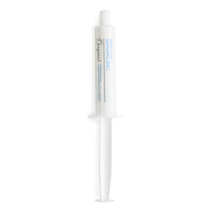 White dental syringe with blue text on a white background