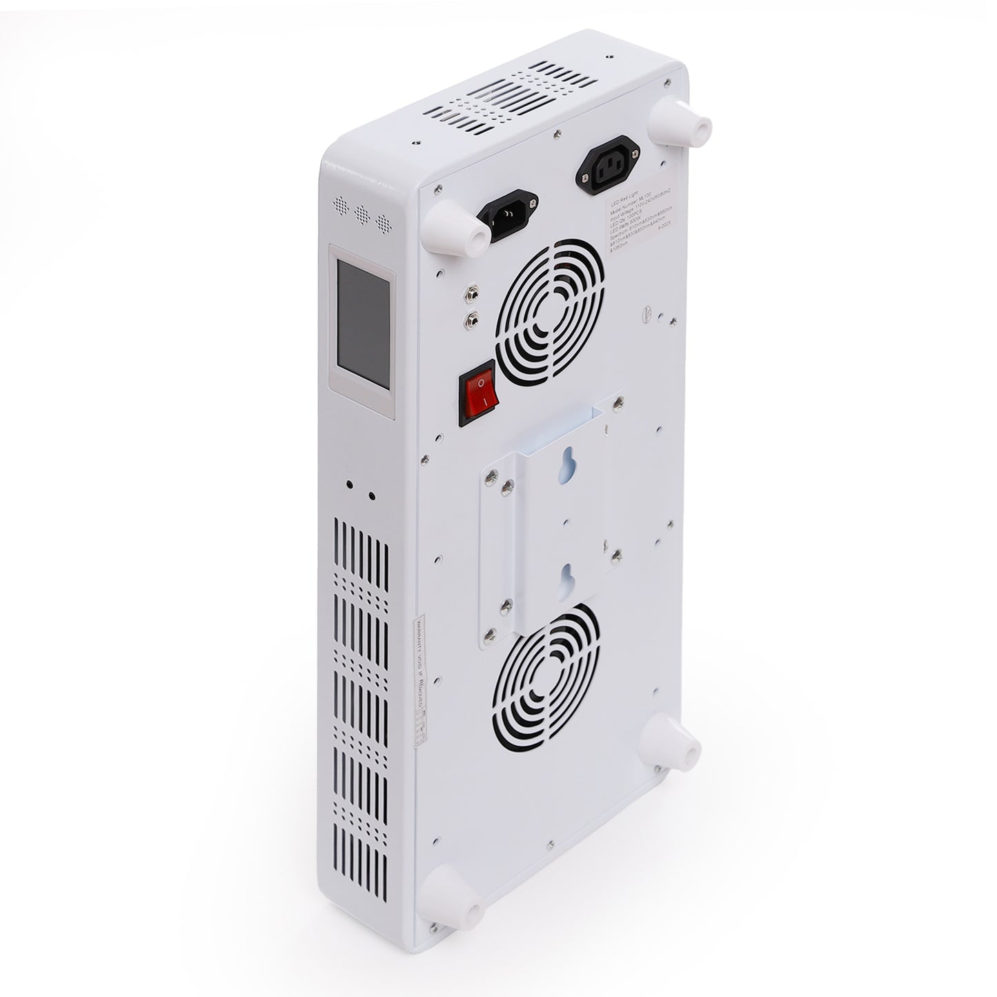 Rear view with cooling fans, power switch, and digital display screen.