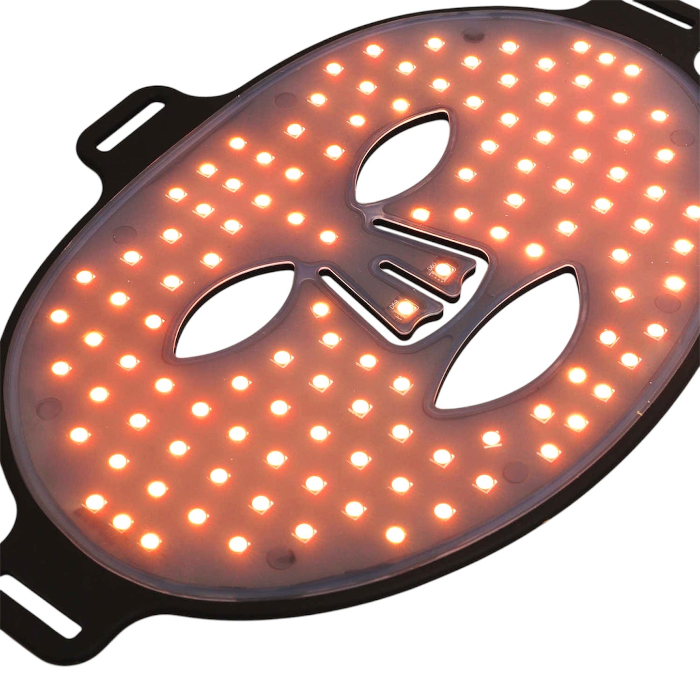 LED mask glowing orange to revitalize dull skin and support lymphatic drainage.