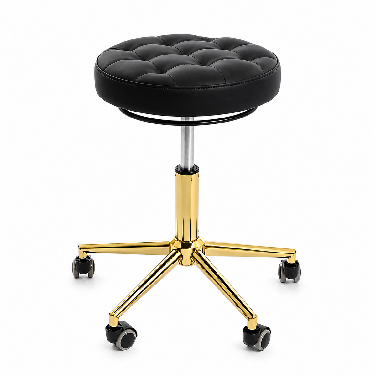 A black tufted round rolling stool with a polished gold five-star base.