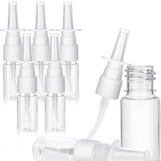 Clear nasal spray bottles with white pumps, perfect for travel or daily wellness use.