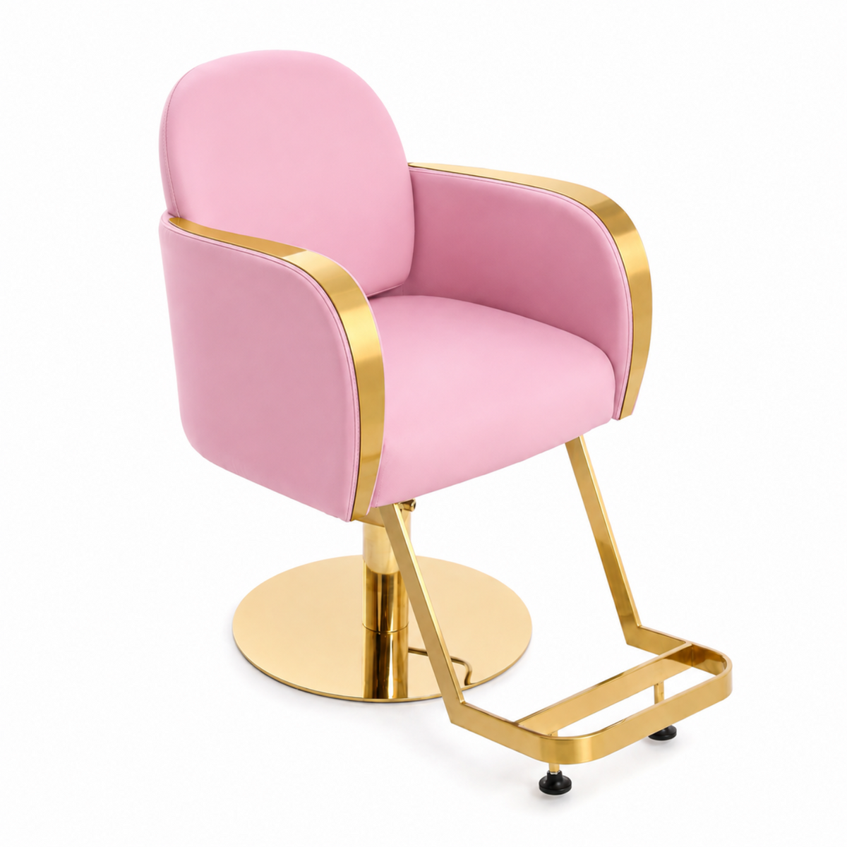A modern salon barber chair with a light pink velvet upholstered seat and backrest.