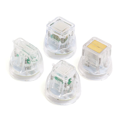set of four transparent rf microneedling cartridges with varied needle configurations for targeted skin treatments. 