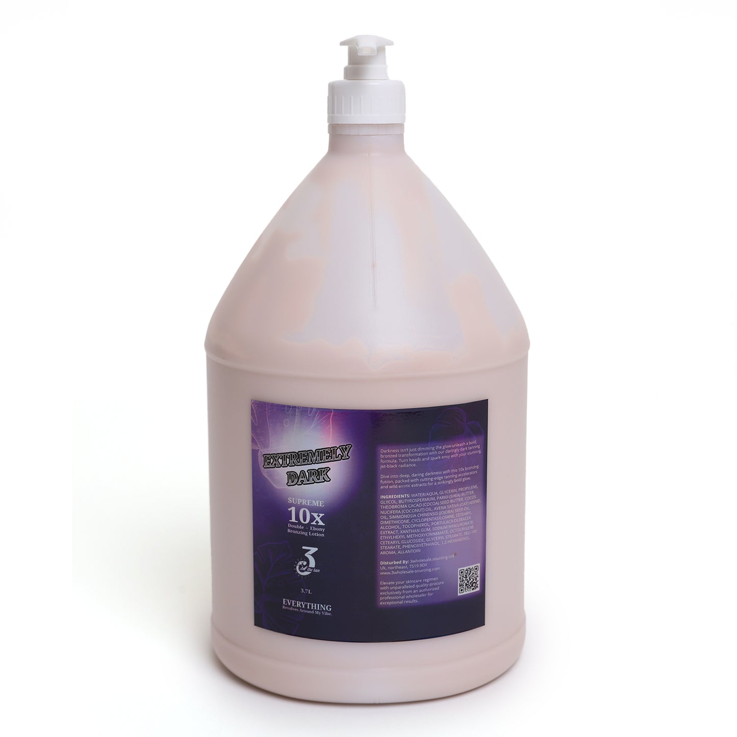 Large 3.7L bottles of extremely bronzing lotion with purple label and white pump cap, 