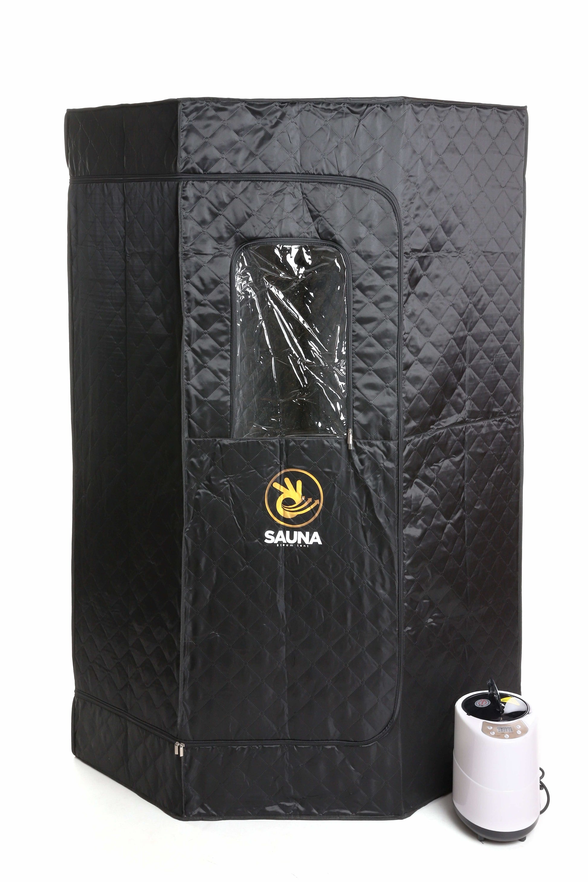 Portable black steam sauna tent with transparent window and external steam generator unit.