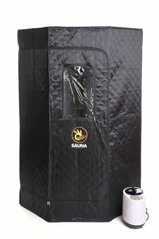 Portable black steam sauna tent with transparent window and external steam generator unit.