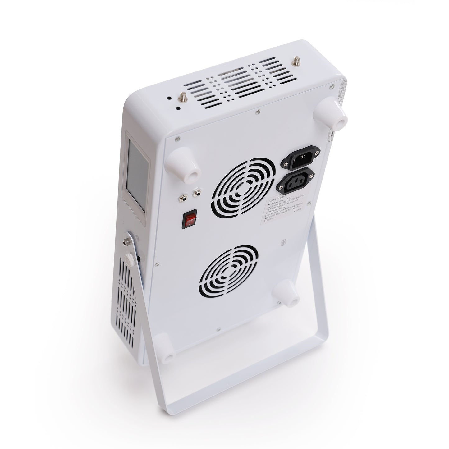 Rear view of red light panel with built-in fans and power connections.