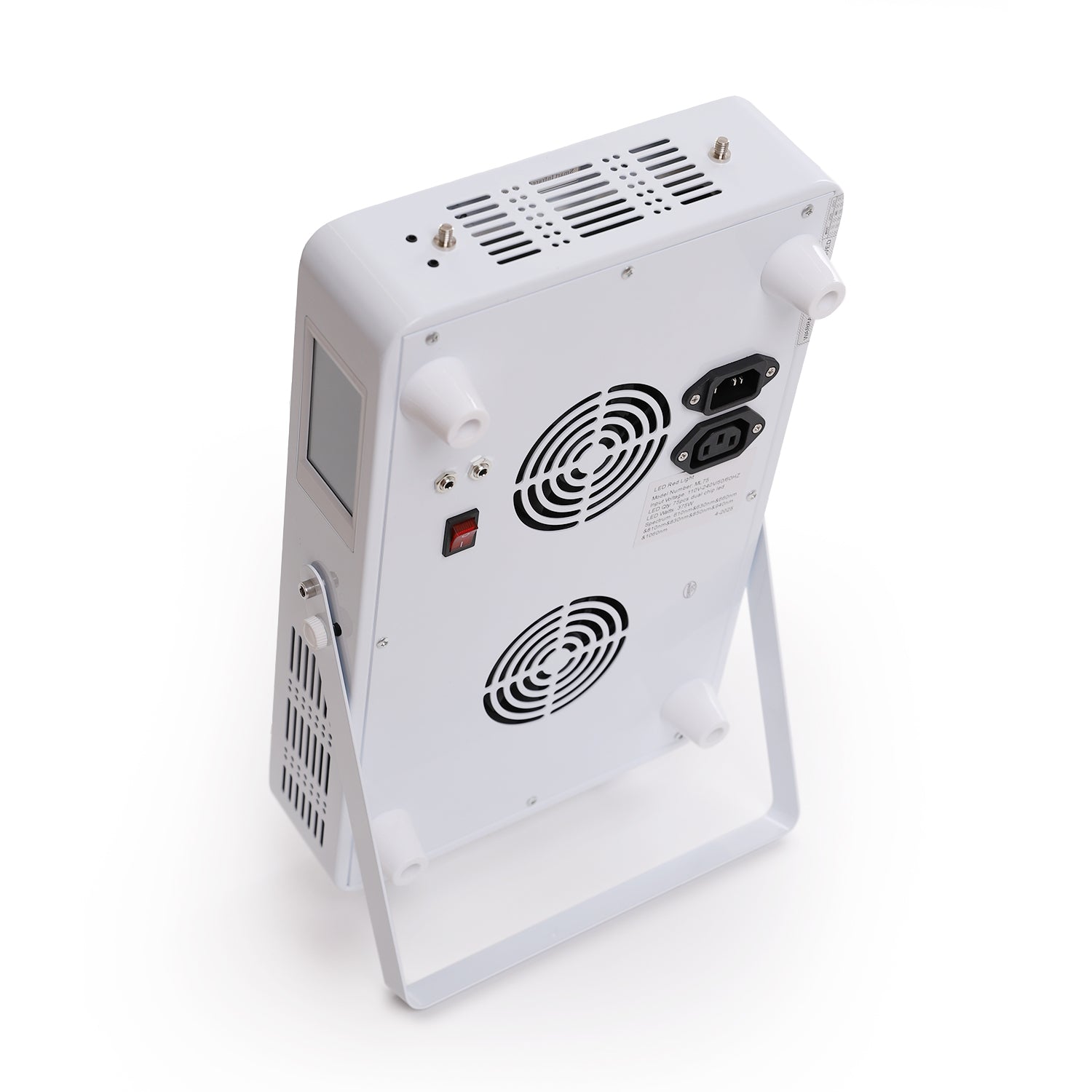 Rear view of red light panel with built-in fans and power connections.