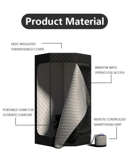 Diagram showing labeled features of a black portable steam sauna, including chair and steam unit.