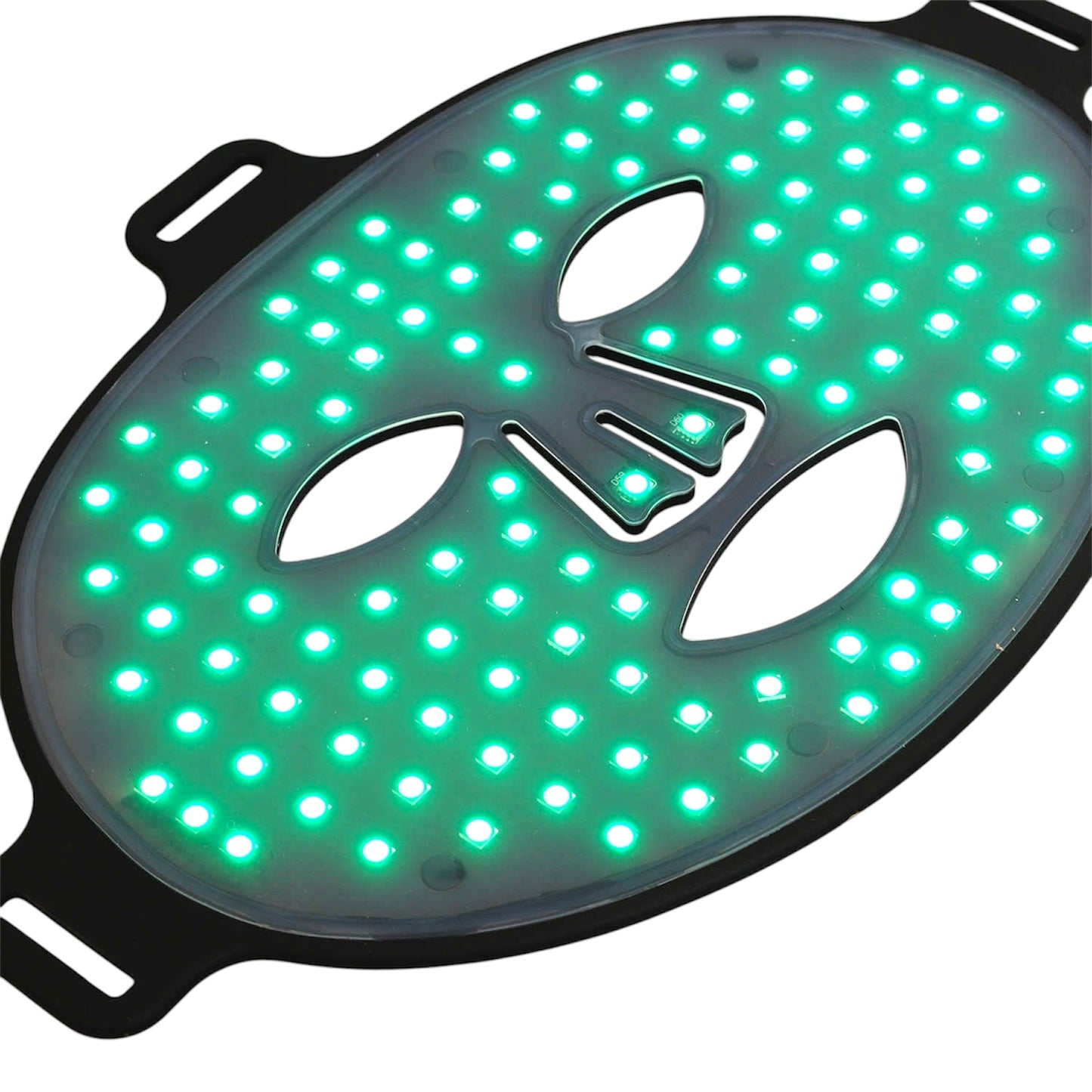LED mask glowing green for calming skin, reducing pigmentation, and evening tone.