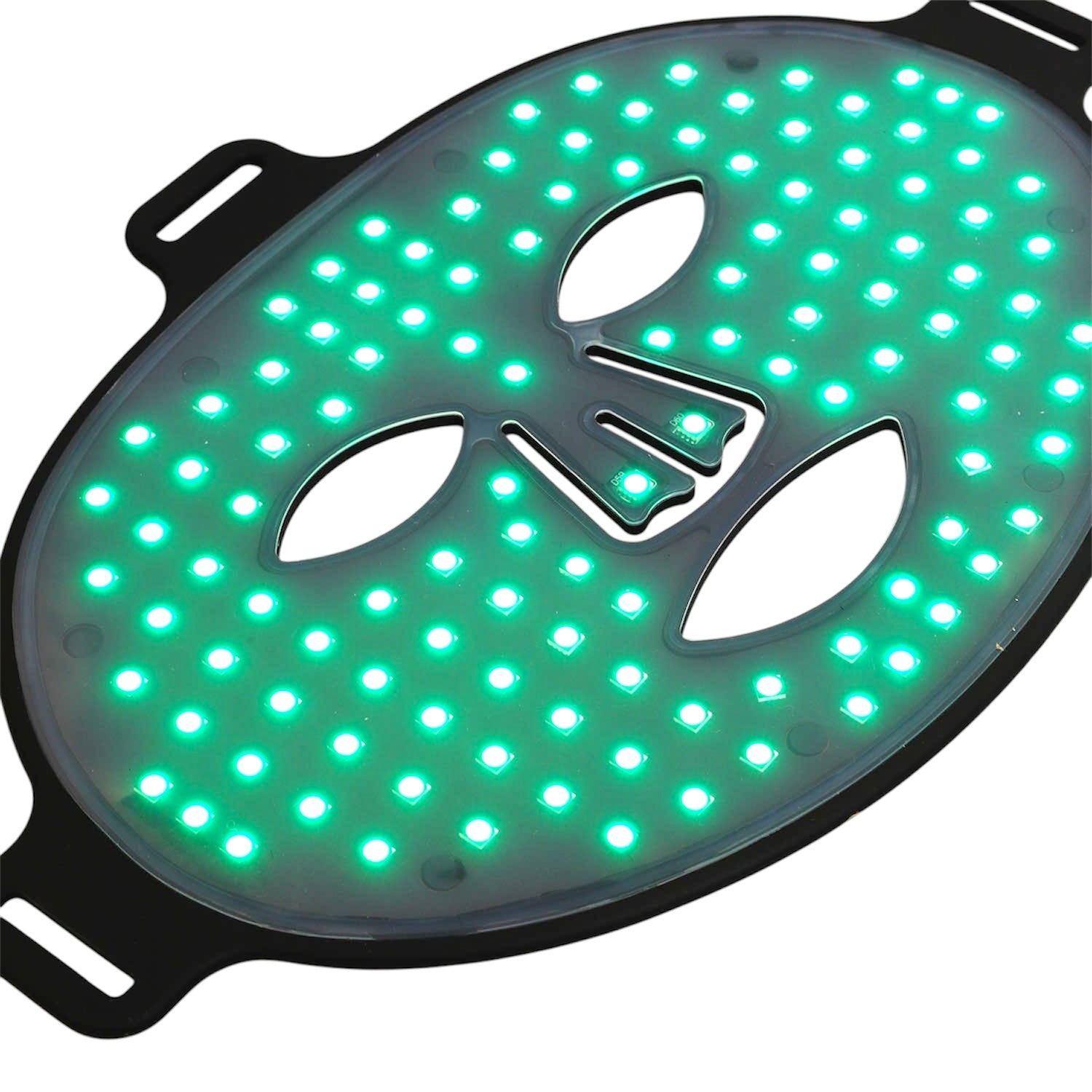 LED mask glowing green for calming skin, reducing pigmentation, and evening tone.