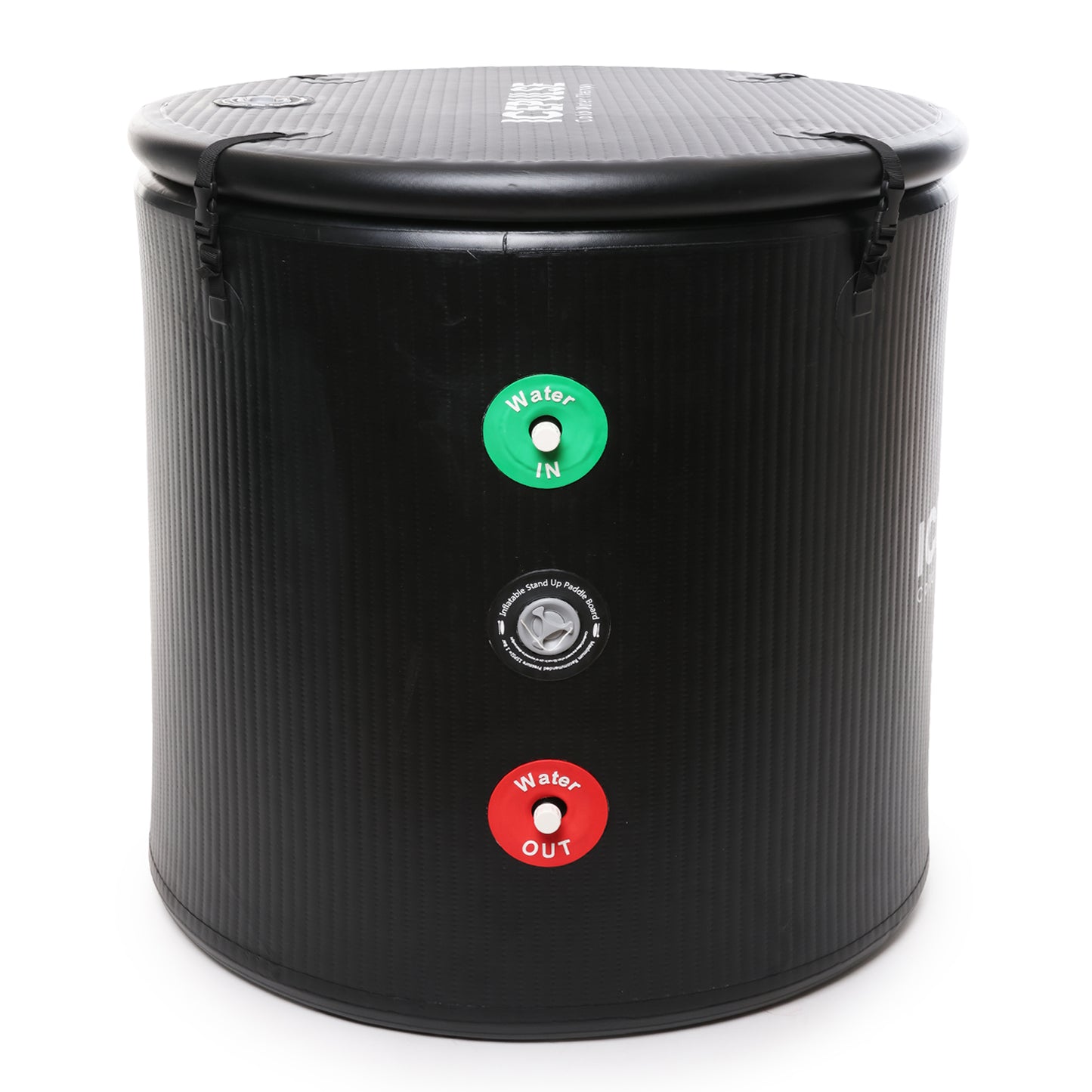 Black cylindrical water tank with control buttons on a white background