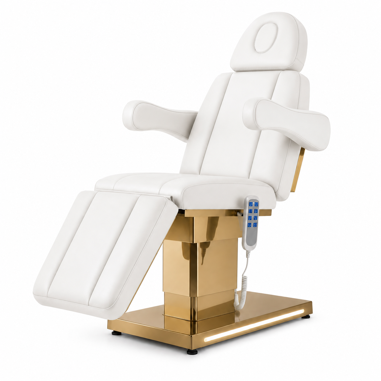 White electric beauty bed with a gold metallic base and armrest supports, featuring a built-in headrest,