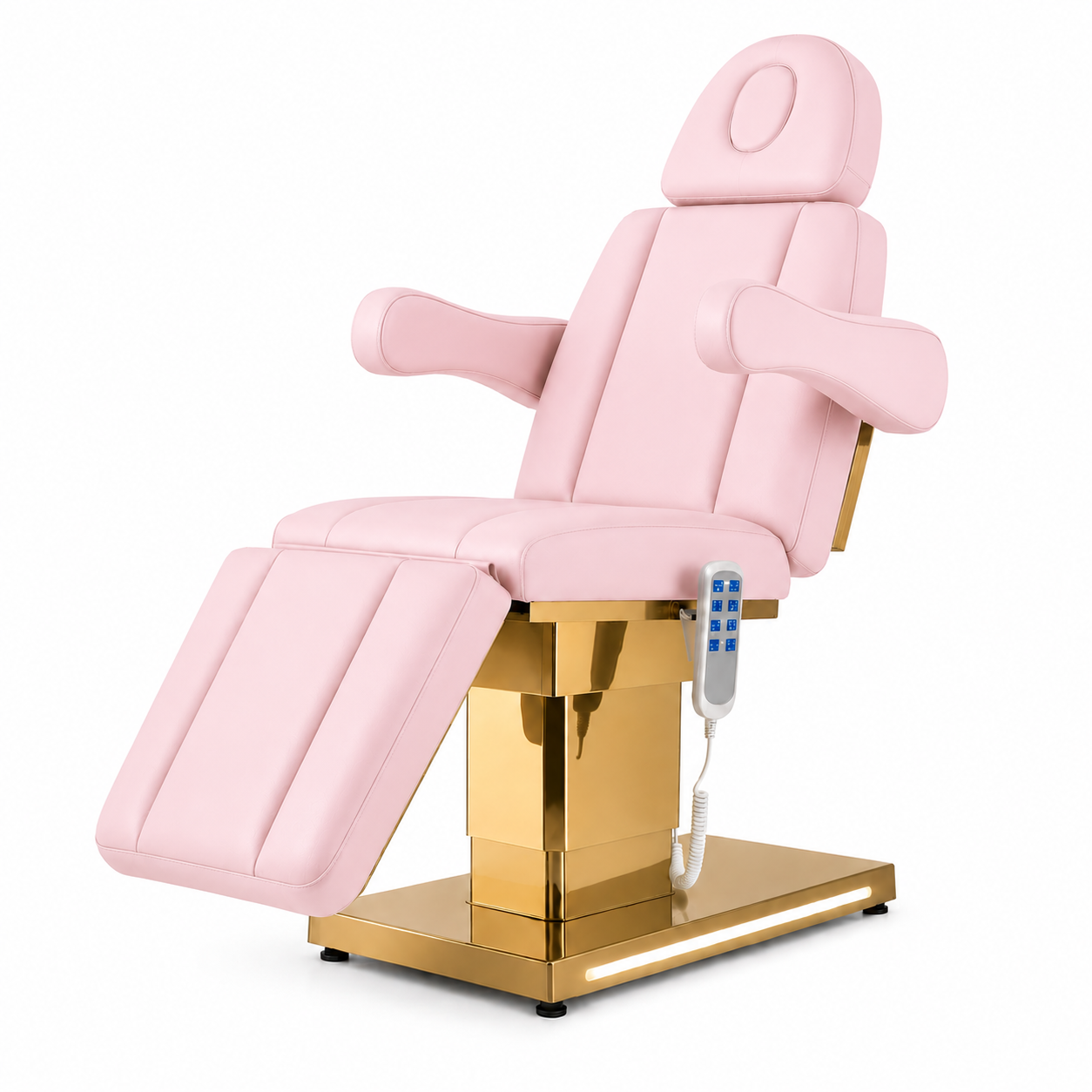 A pink beauty treatment bed with a gold metallic base and armrest supports, 