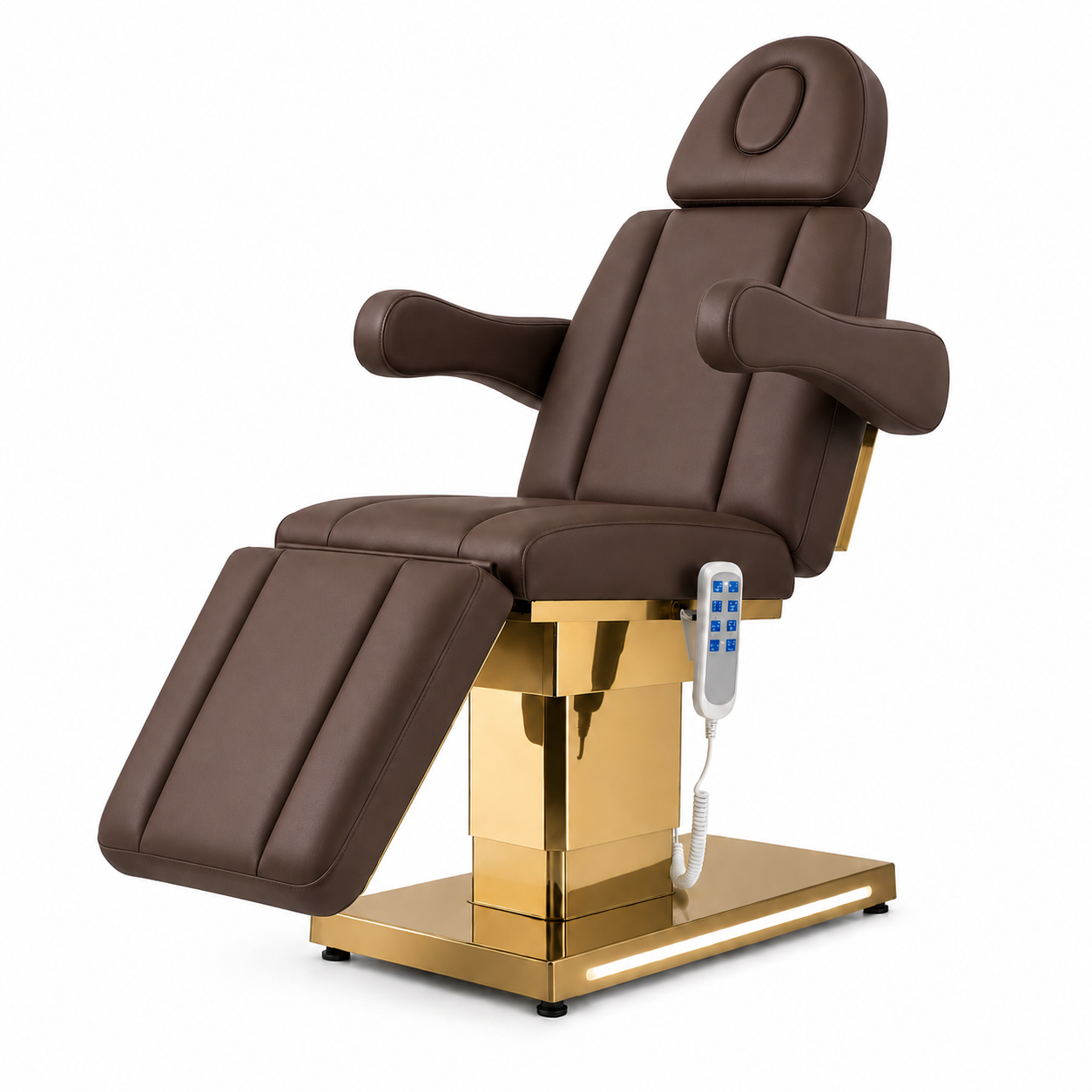 A luxury ssalon beauty bed with a dark brown faux leather upholstery and a polished gold metal base,