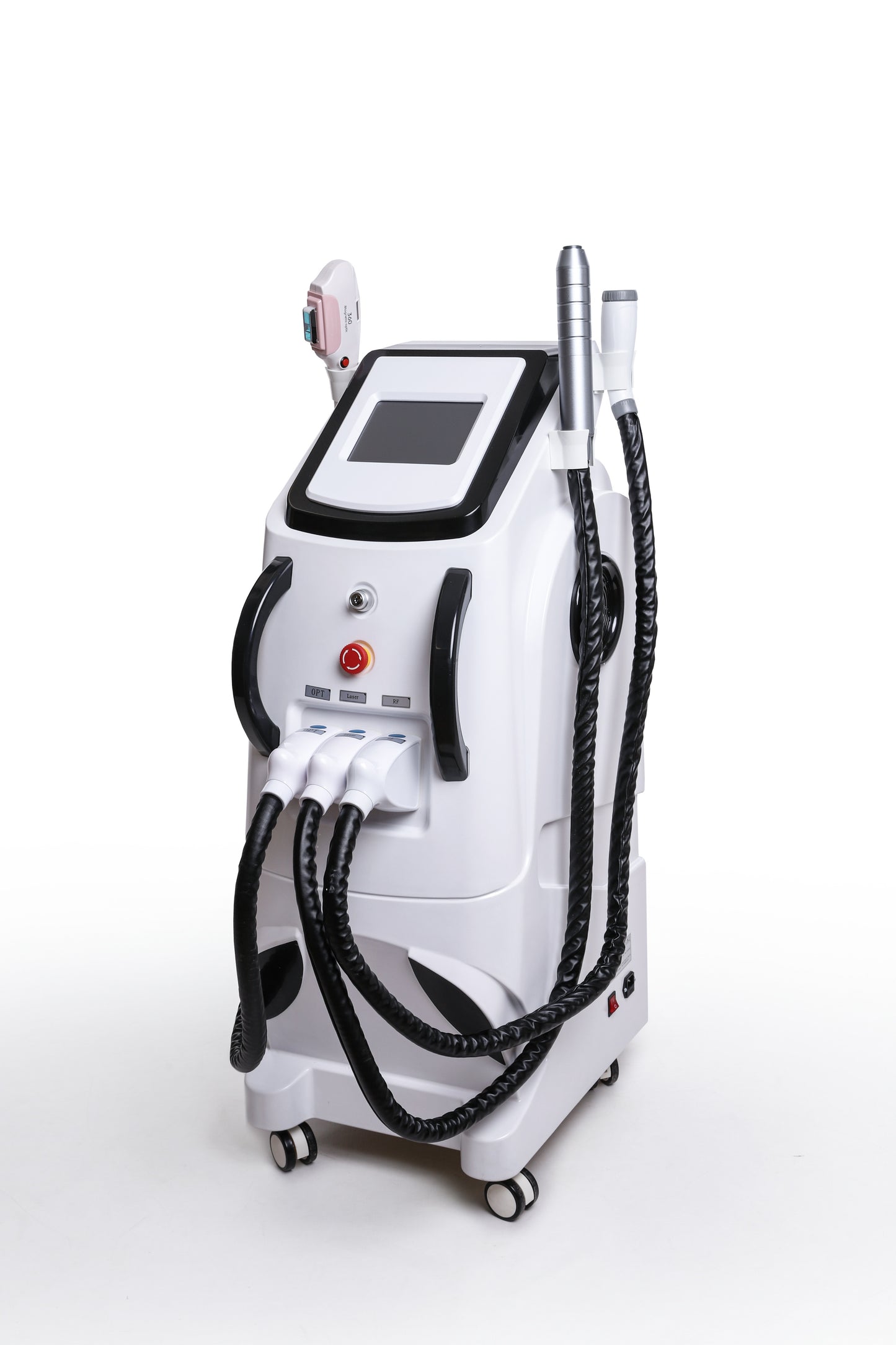 Professional multifunction beauty machine with three handpieces for laser, RF, and OPT skin therapies