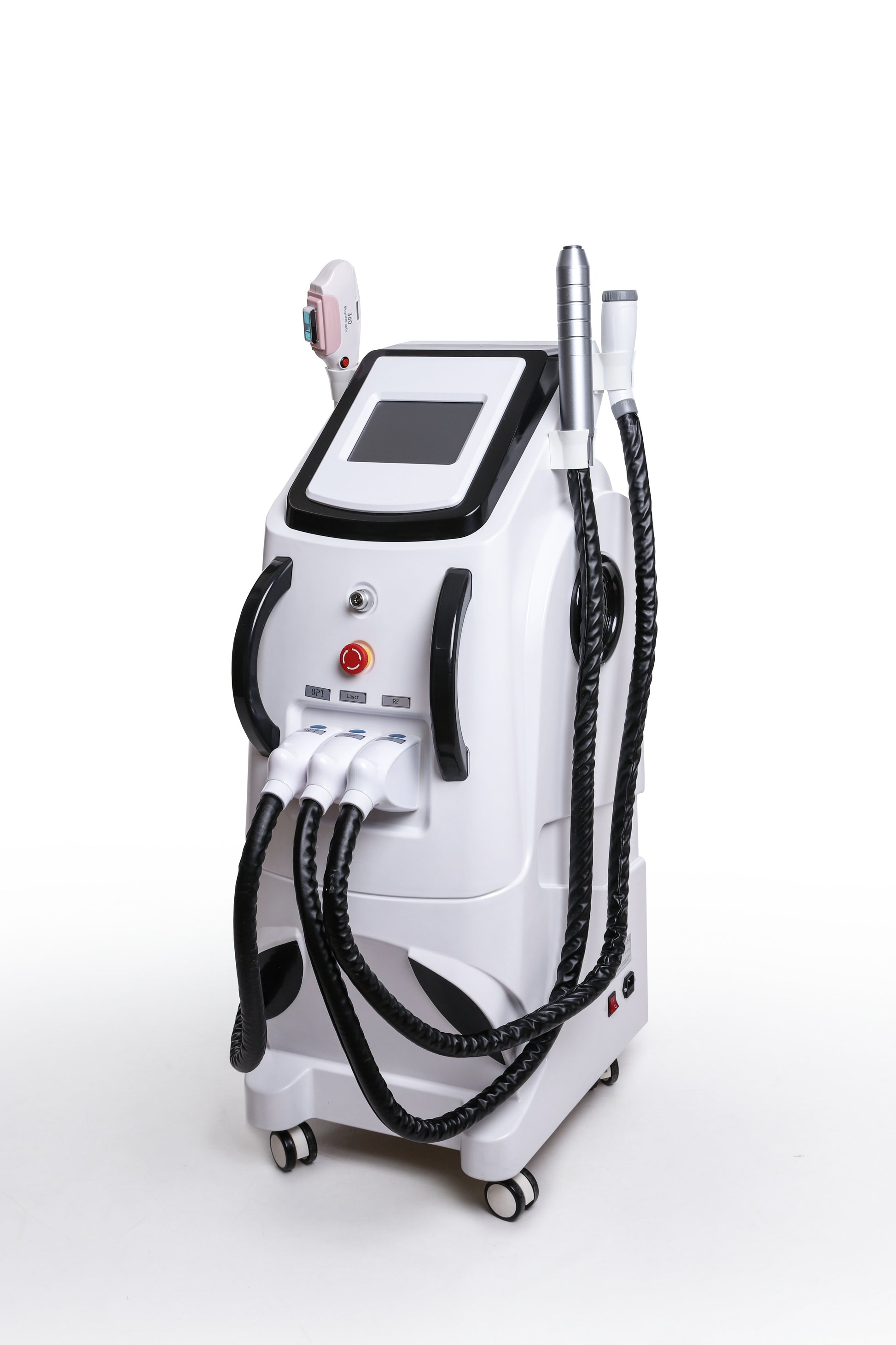 Professional multifunction beauty machine with three handpieces for laser, RF, and OPT skin therapies
