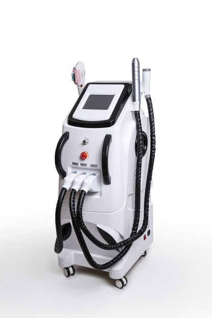 Professional multifunction beauty machine with three handpieces for laser, RF, and OPT skin therapies
