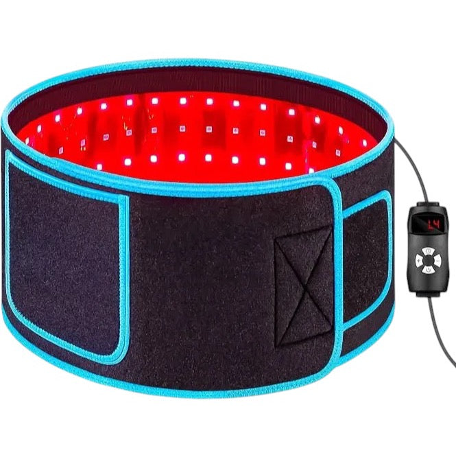red light waist belt with red LED lights on 