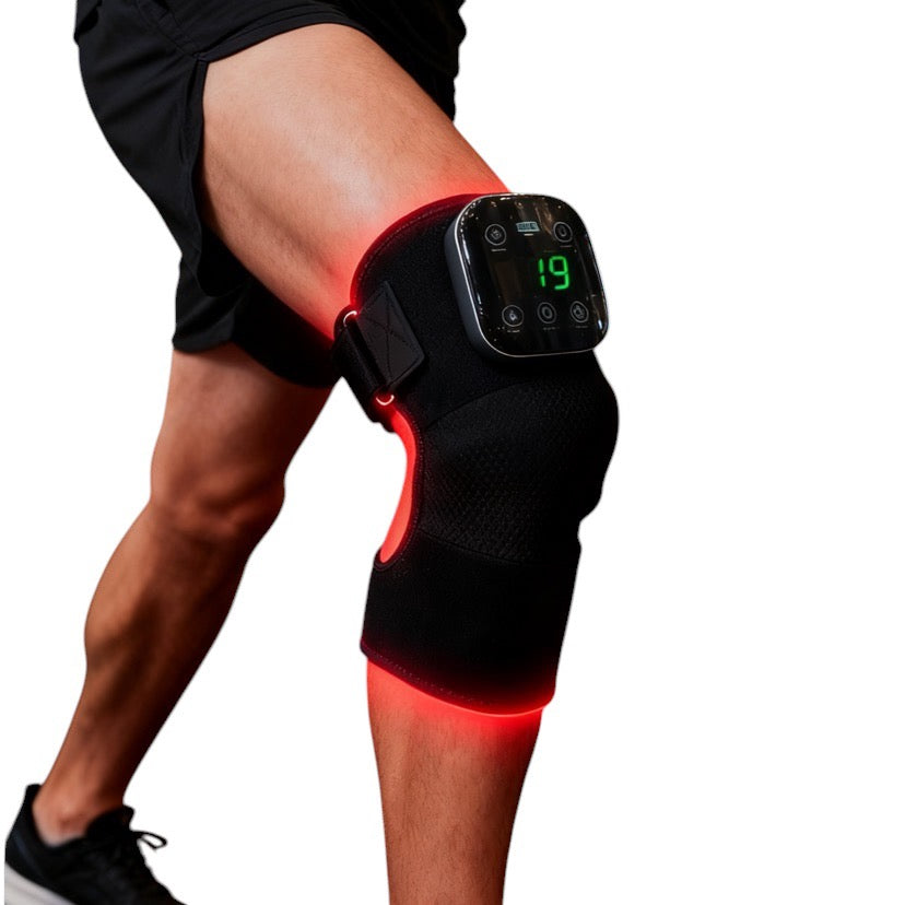 Red light Knee brace with digital display on a person's knee, glowing red.