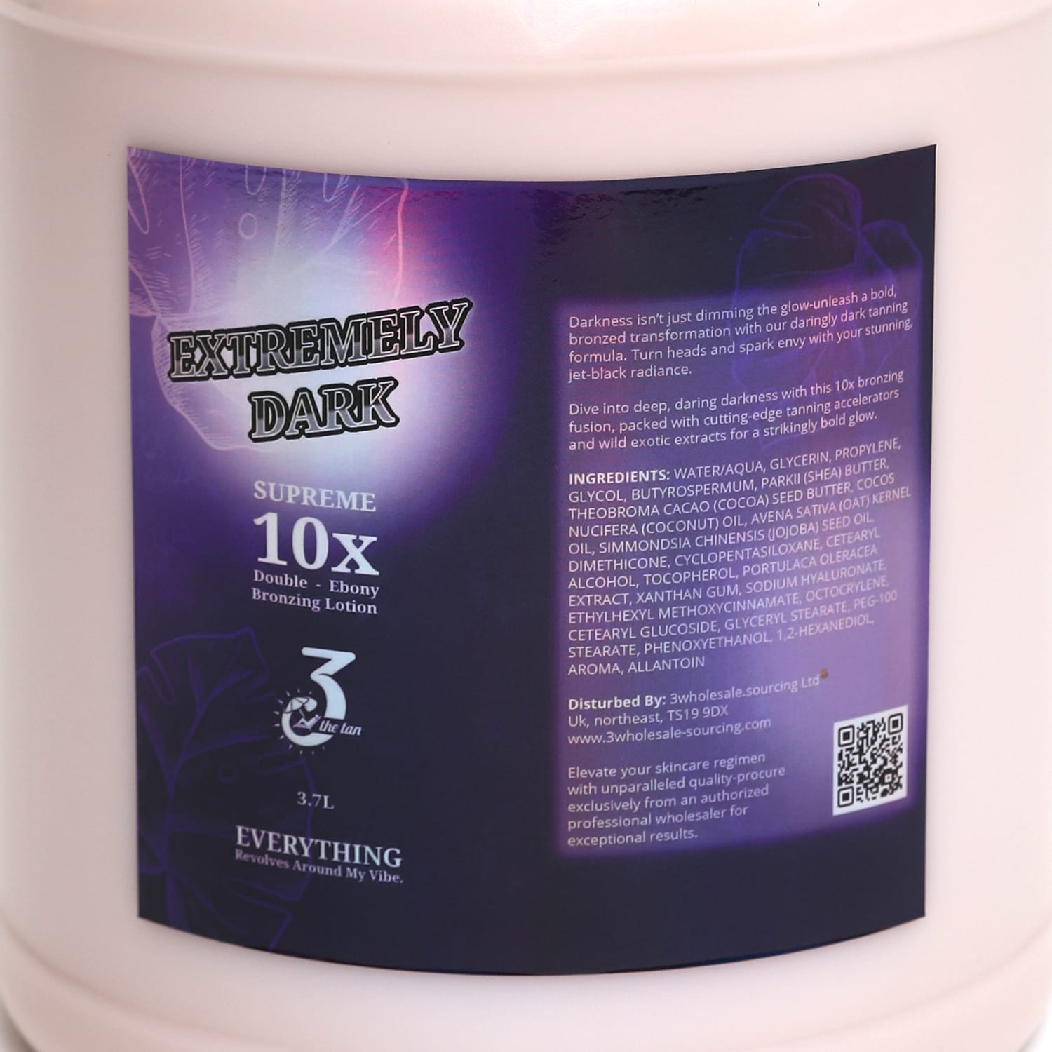 Close-up of Extremely dark lotion label detailing ingredients and bronzing benefits.
