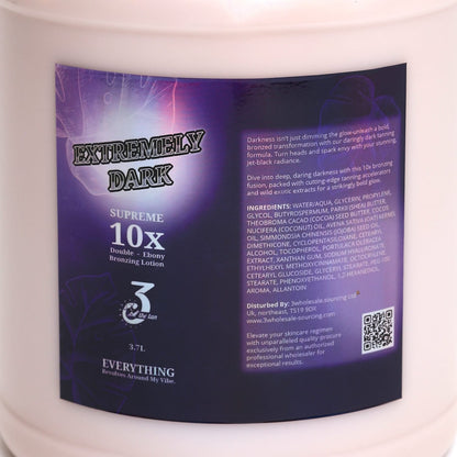 Close-up of Extremely dark lotion label detailing ingredients and bronzing benefits.