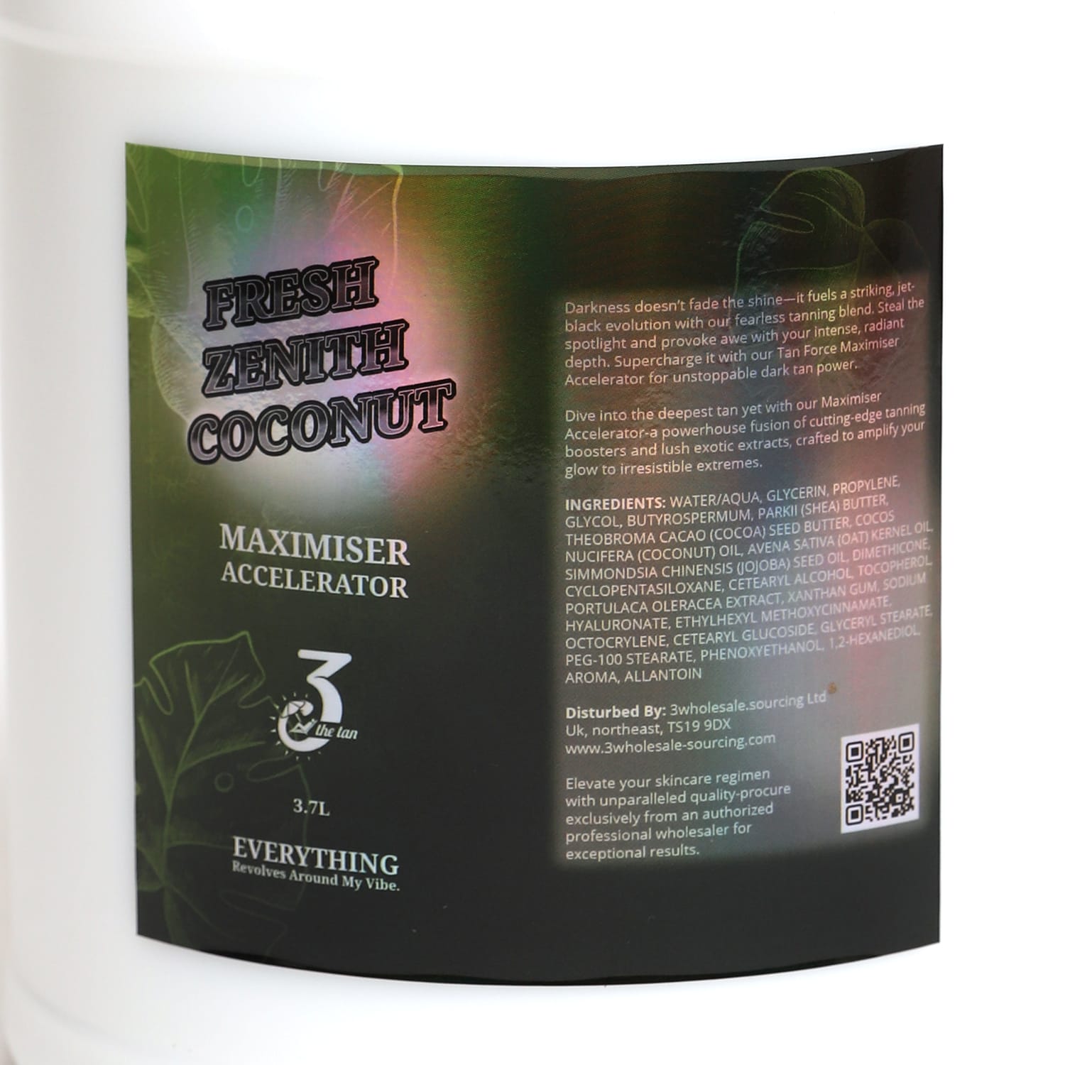 Close-up of the fresh Zenith Coconut Maximiser label with product description, ingredients, QR CODE