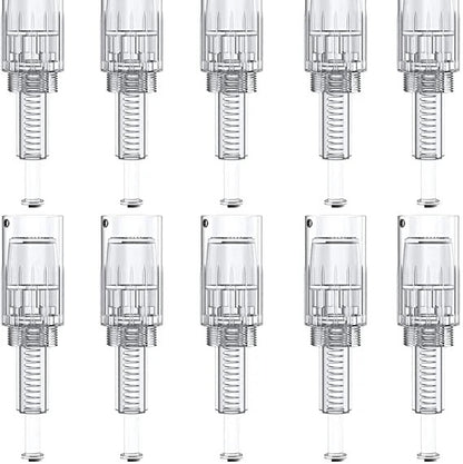Multiple clear plastic connectors arranged in a grid on a white background