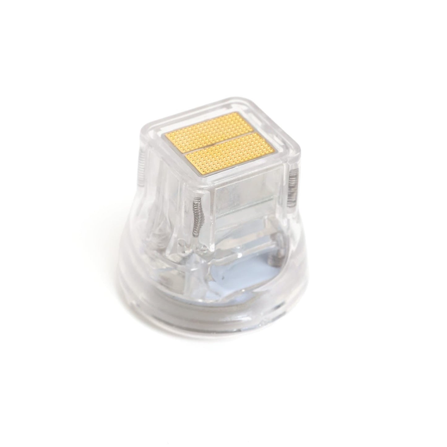 Clear plastic sharpener with gold-colored blade on a white background