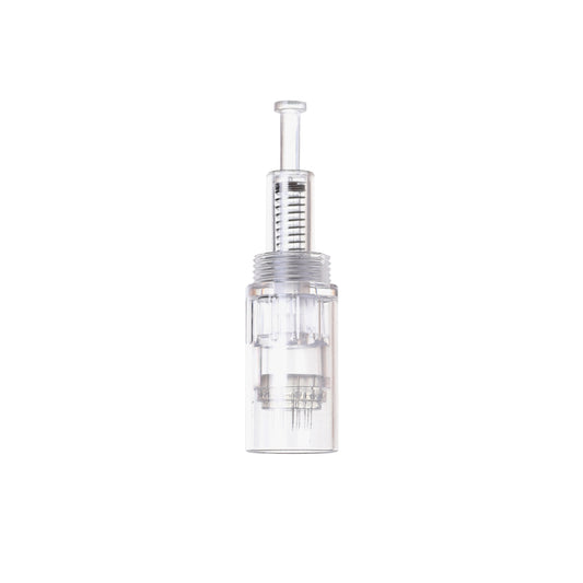 Clear and silver microneedling cartridge on a white background